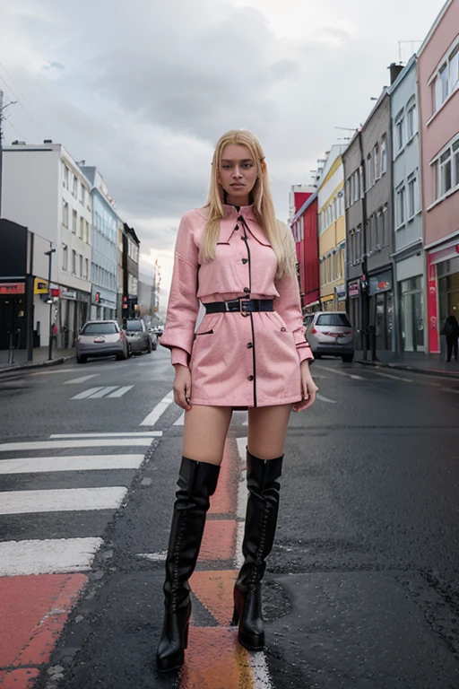 photo_of_a_blonde_high_fashion_Icelandic_woman,wearing_pink_haute_couture,very_tall_red_high_boots,Reykjavík_streets,crosswalks_stripes, traffic_lights, cloudy day
