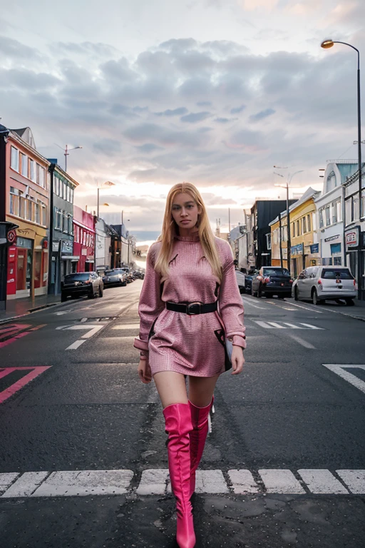 photo_of_a_blonde_high_fashion_Icelandic_woman,wearing_pink_haute_couture,very_tall_red_high_boots,Reykjavík_streets,crosswalks_stripes, traffic_lights, cloudy day