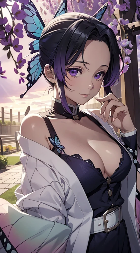 Ultra-realistic 8K CG,tmasterpiece,((Ultra detailed backgrounds,delicate patterns,Complicated details)),Best quality at best,very vey very detailed face,very detailed eyes and faces,Very detailed eyes,Kochou Shinobu,O cabelo multicolorido,No bangs,hair intakes,Purple eye,haori,butterflys,obi strip,(trpical garden:1.2),purple flower,mostly cloudy sky,rays of sunshine,Tyndall effect,Gradient_sky,the face,beautiful sky,Saber on the waist,captivating posture,(Large breasts:1.3),(cleavage:1.3),(Off-the-shoulder attire:1.6)