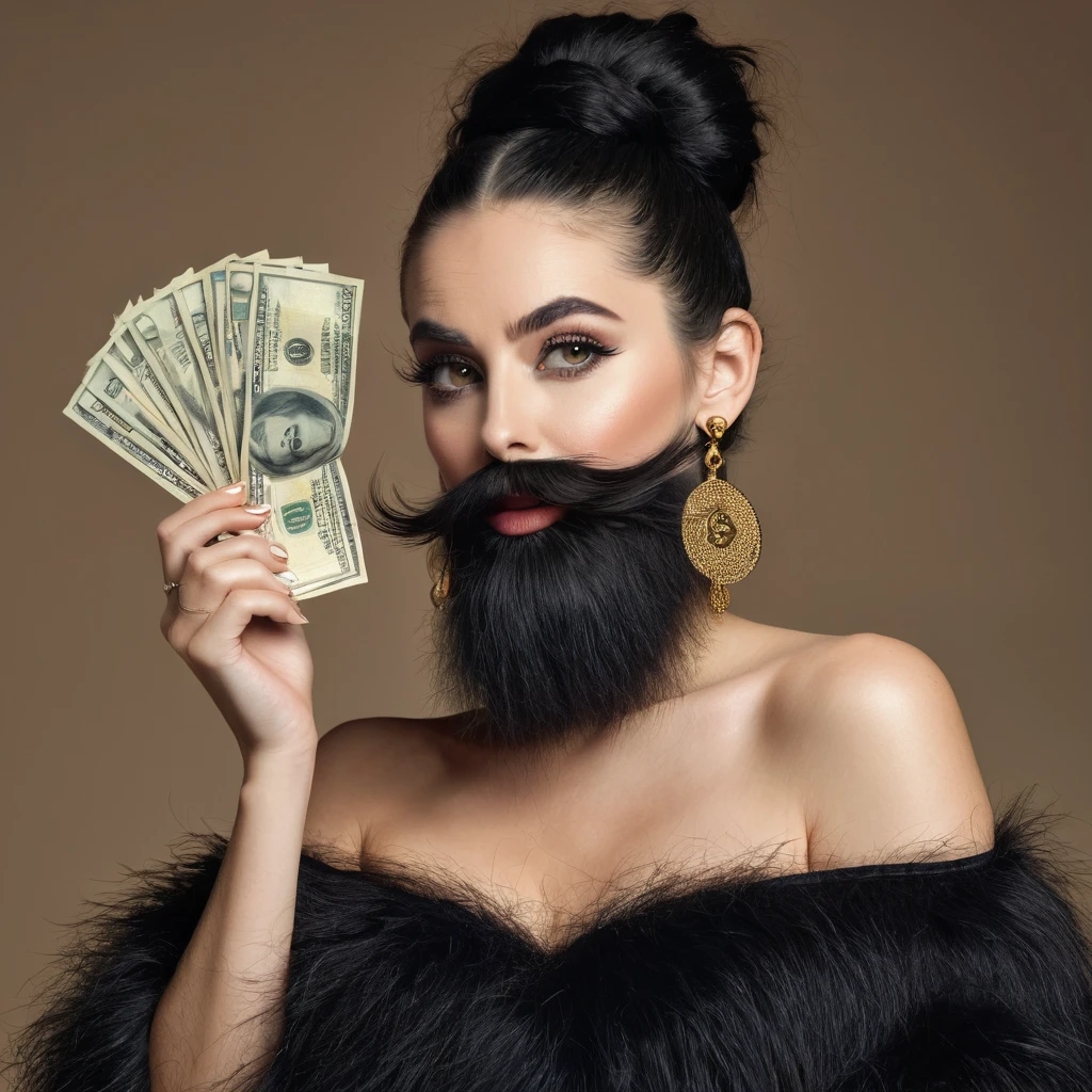 white woman bearded to the cheeks and hairy neck, big nose, makeup, black hair tied back, wears a huge shaggy beard, thick and well-groomed, black eyes, seductive and proud look, large golden earrings, holds banknotes of dollars