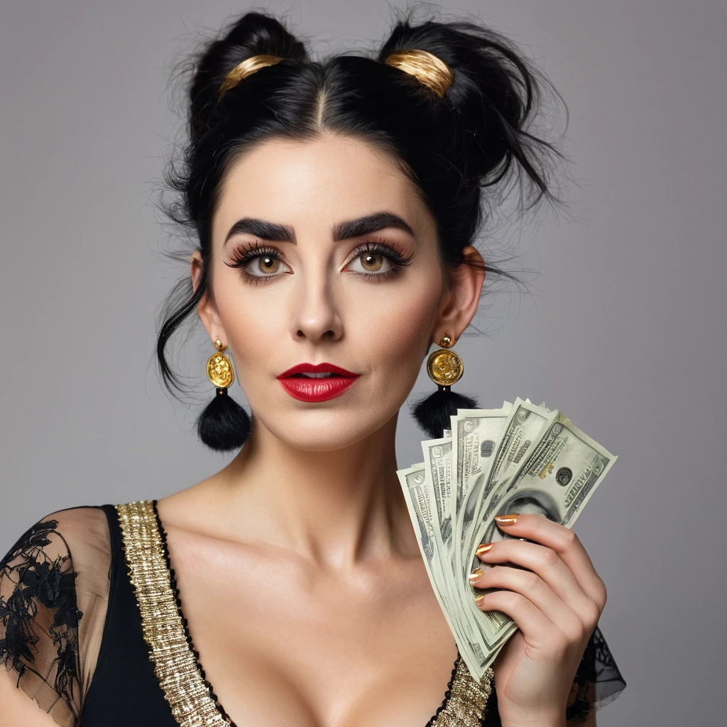 white woman bearded to the cheeks and hairy neck, big nose, makeup, black hair tied back, wears a huge shaggy beard, thick and well-groomed, black eyes, seductive and proud look, large golden earrings, holds banknotes of dollars