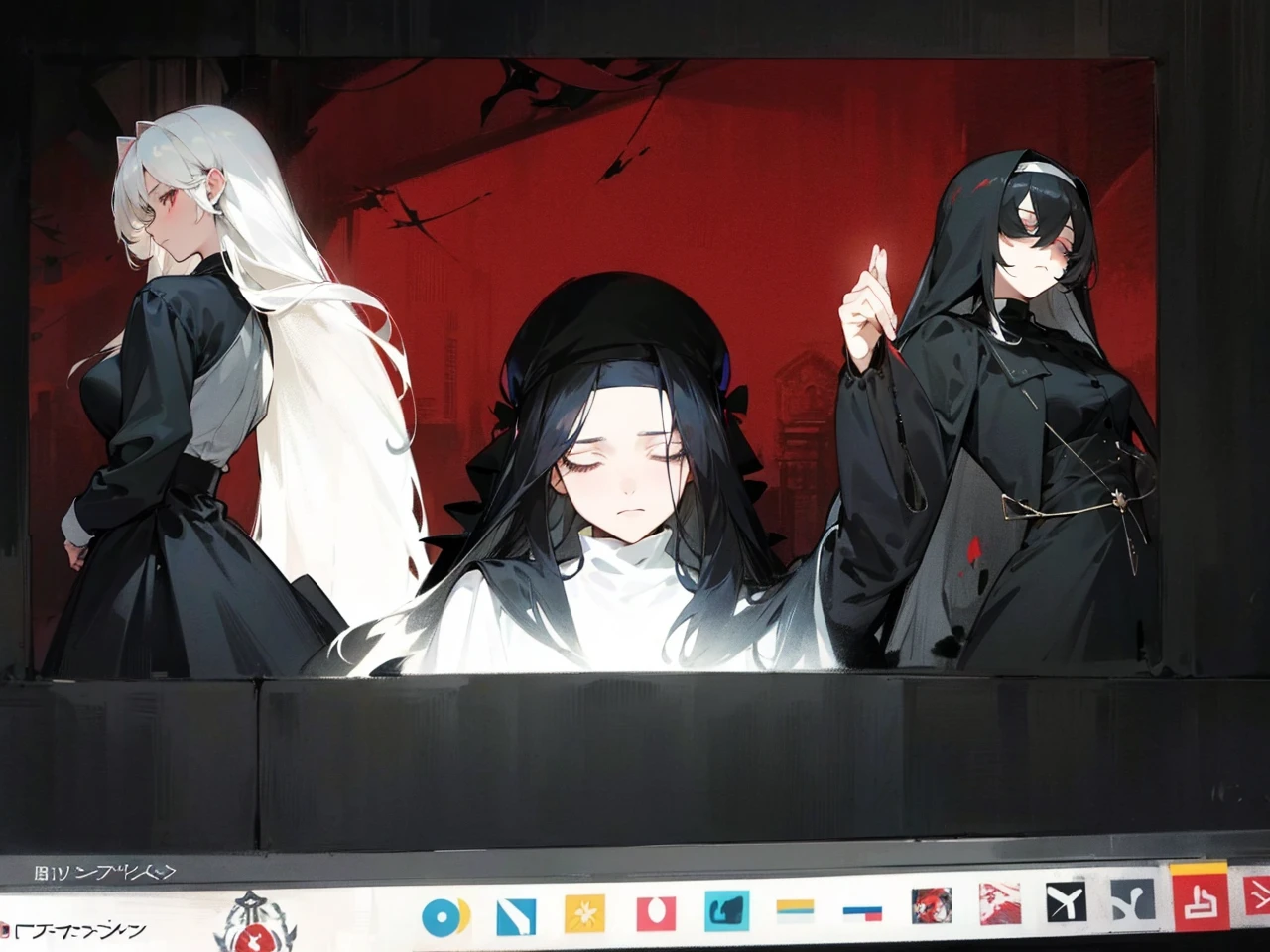 Make an anime poster, has 4 women in it, on the left side a classy dressed beauty with only the colors red and white, has an angelic presence but a demonic personality, she wears a hat on her head and a long mature gown. On the middle, a millitary general with black and white hair, and a blindfold covering her eyes. Behind her in the back, a woman faded in the background, only her eyes red Phoenix can be seen. Finally at the very right side a nun with a blindfold and a church nun fantasy black dress, holding her hands together symbolizing a prayer gesture.