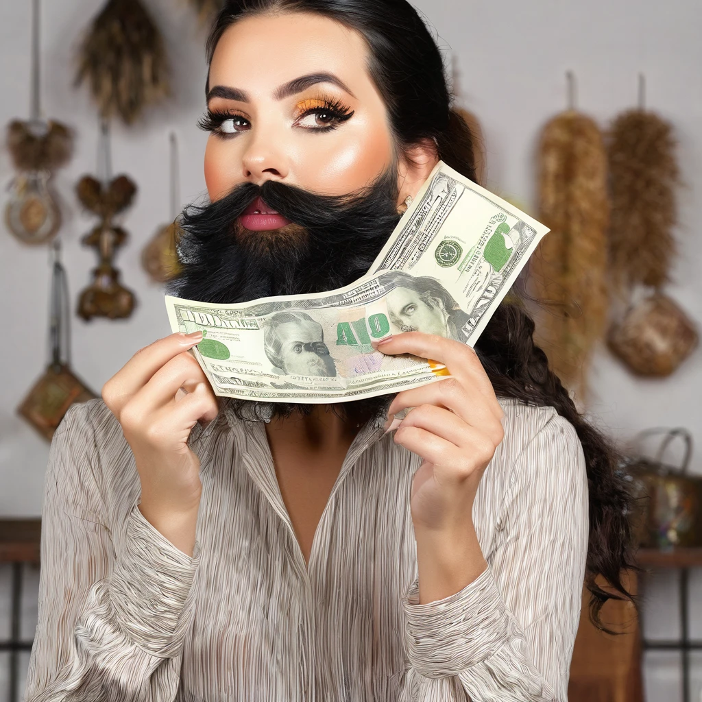 white woman bearded to the cheeks and hairy neck, big nose, makeup, black hair tied back, wears a huge shaggy beard, thick and well-groomed, black eyes, seductive and proud look, large golden earrings, holds banknotes of dollars