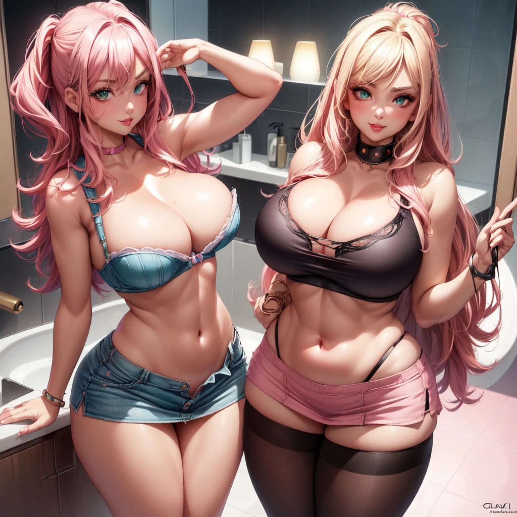 ((1 girls), solo, clevage, Big round breasts, trendy, stylish, clevage, thighs, hips, realistic, pink hair, blonde hair, light green eyes, lip gloss, detailed face, amazing big eyes, eye details, big lips, eyebrow details, pink mini skirt, crop top blush, confident, dominant, bdsm, smirk, naughty, mischevious face, HD, good quality, curvy, standing up, thick thighs, attractive, amazing body, perfect body, slim thick, indoors, black bra, bathroom sink