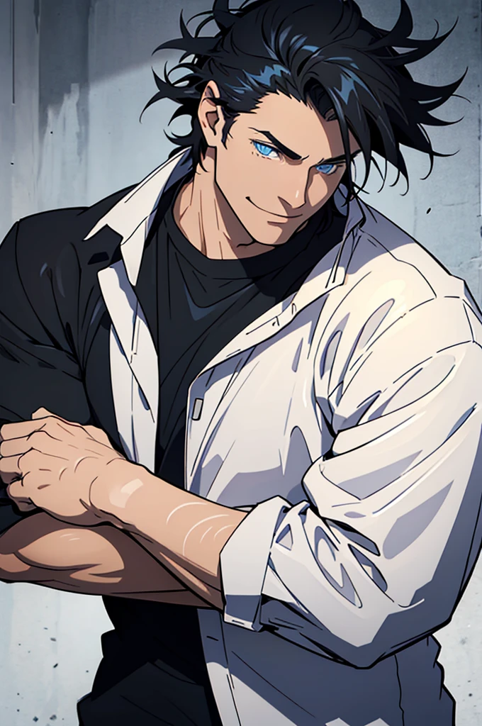 
Tall, strong, big man, messy hair, tight black shirt, blue eyes, messy black hair, St. Bernard dog ears, gentle smile