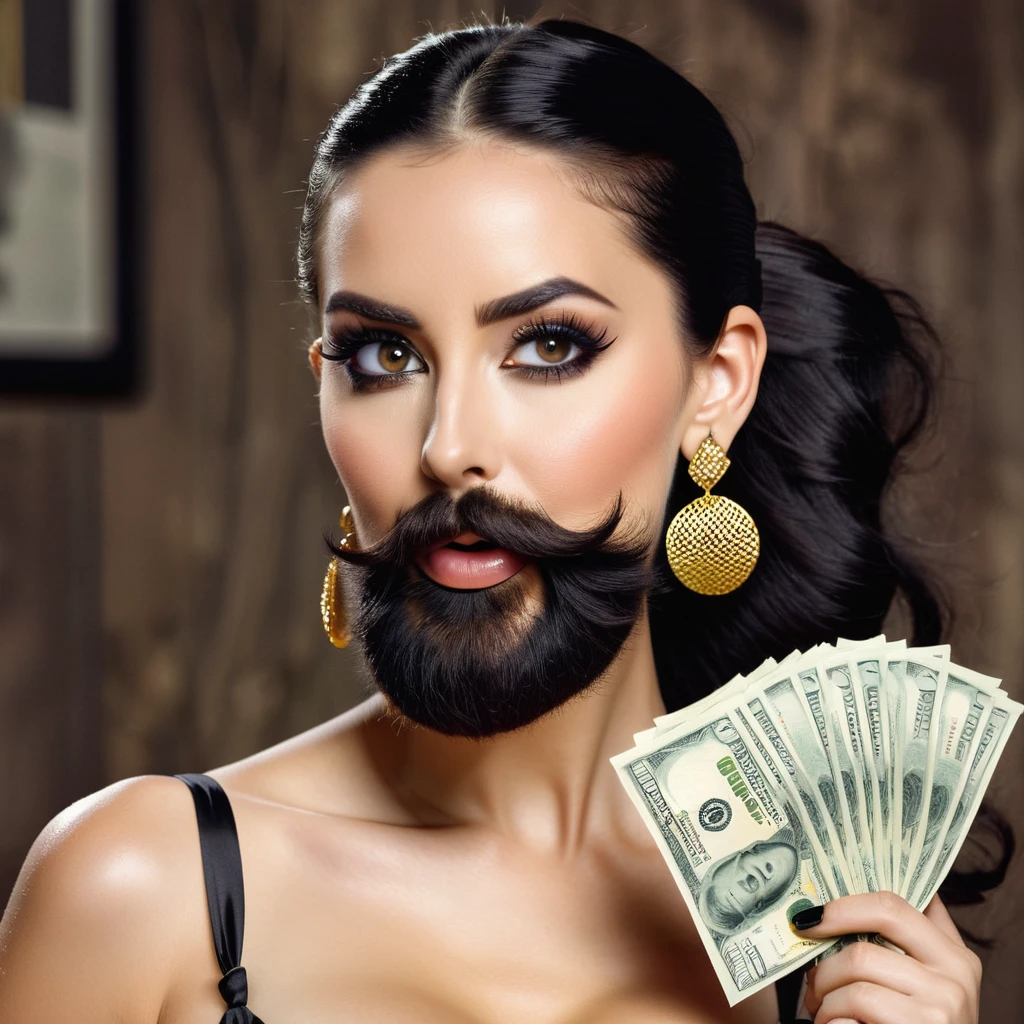 bearded woman beautiful shaggy beard, black hair, brown eyes, eyeliner, proud smile, seductive look, hold a load of dollar bills