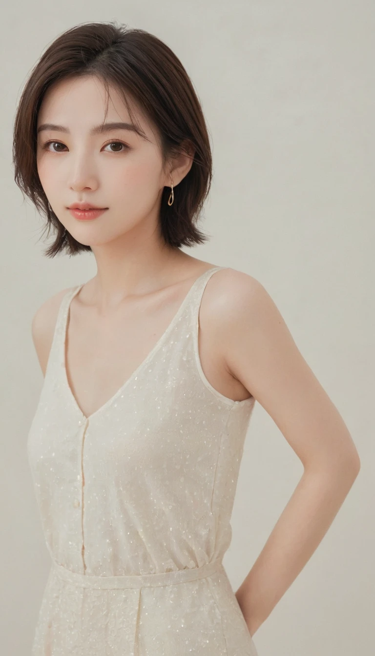 xxmixgirl, Analog Style, Eye focus, Highest quality, (Very detailed skin), Exquisitely beautiful white skin photos, 24-years-old, Perfect Face, Captivating eyes, (Seductive makeup: 1.3), Skin pores, (Bokeh:1.5), Sharp focus, Dappled Lighting, (Backlight), Film Grain, (Very detailed, Exquisitely crafted), 8K, High resolution, Front view, Studio Light, Very detailed顔, Fine grain, (double eyelid: 1.4), Aristogle, Brown eyes, (commercial: 1.6), (Natural Makeup), ((White studio background: 2))、Summery white fashion
