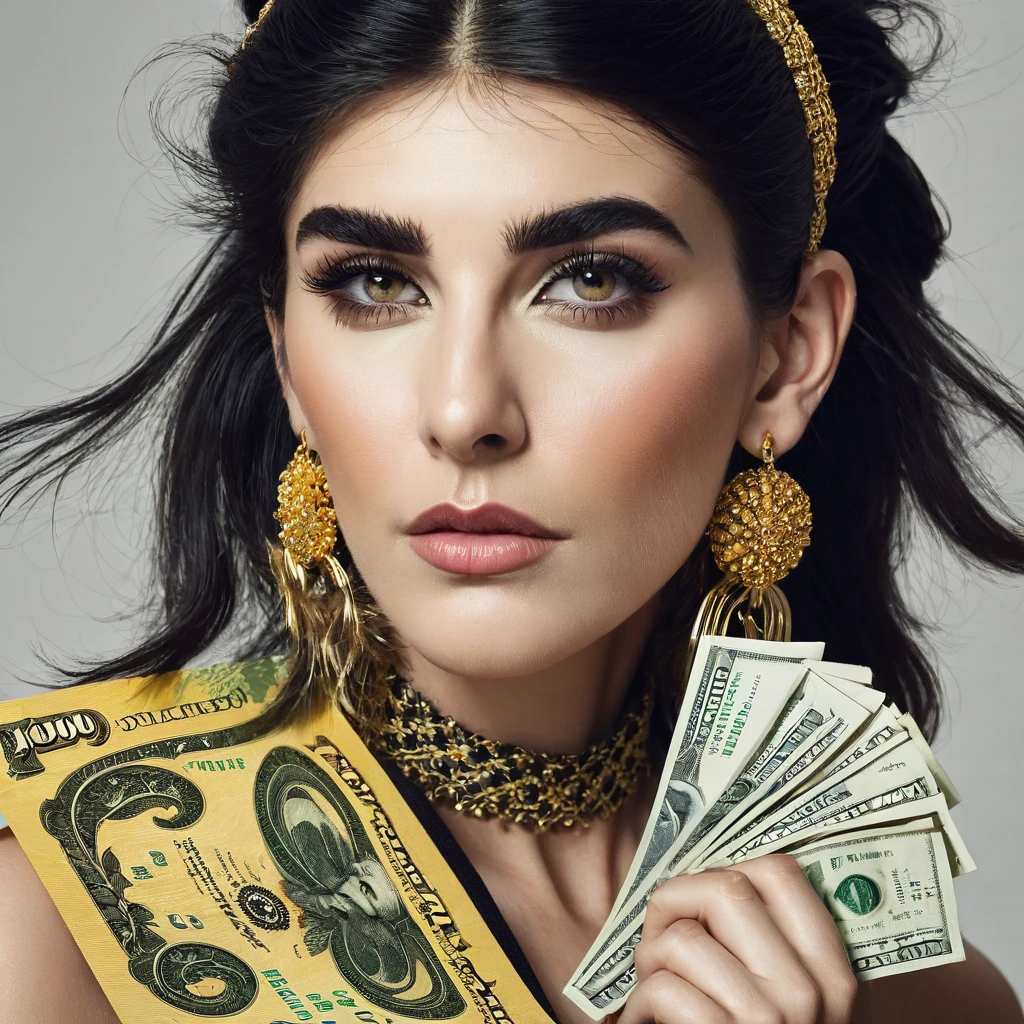 white woman bearded to the cheeks and hairy neck, big nose, makeup, black hair tied back, wears a huge shaggy beard, thick and well-groomed, black eyes, seductive and proud look, large golden earrings, holds banknotes of dollars
