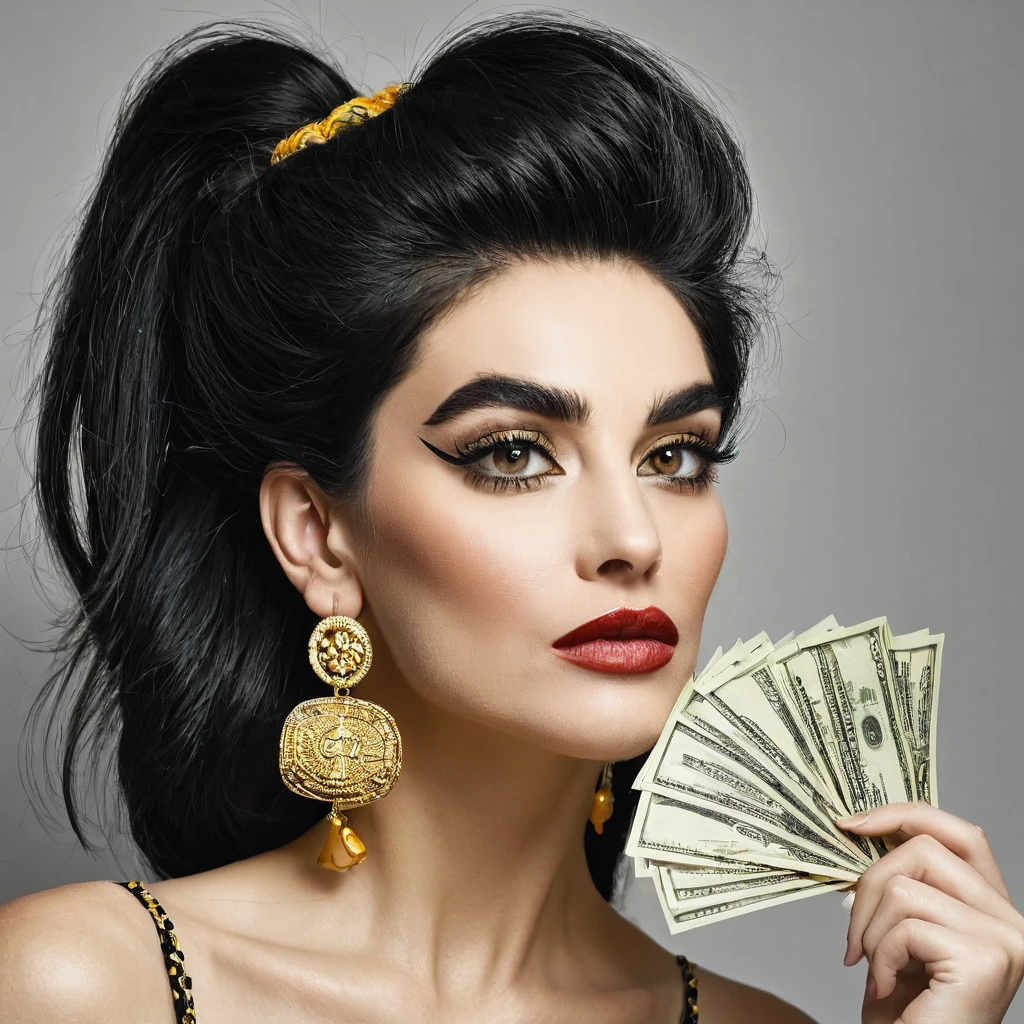 white woman bearded to the cheeks and hairy neck, big nose, makeup, black hair tied back, wears a huge shaggy beard, thick and well-groomed, black eyes, seductive and proud look, large golden earrings, holds banknotes of dollars