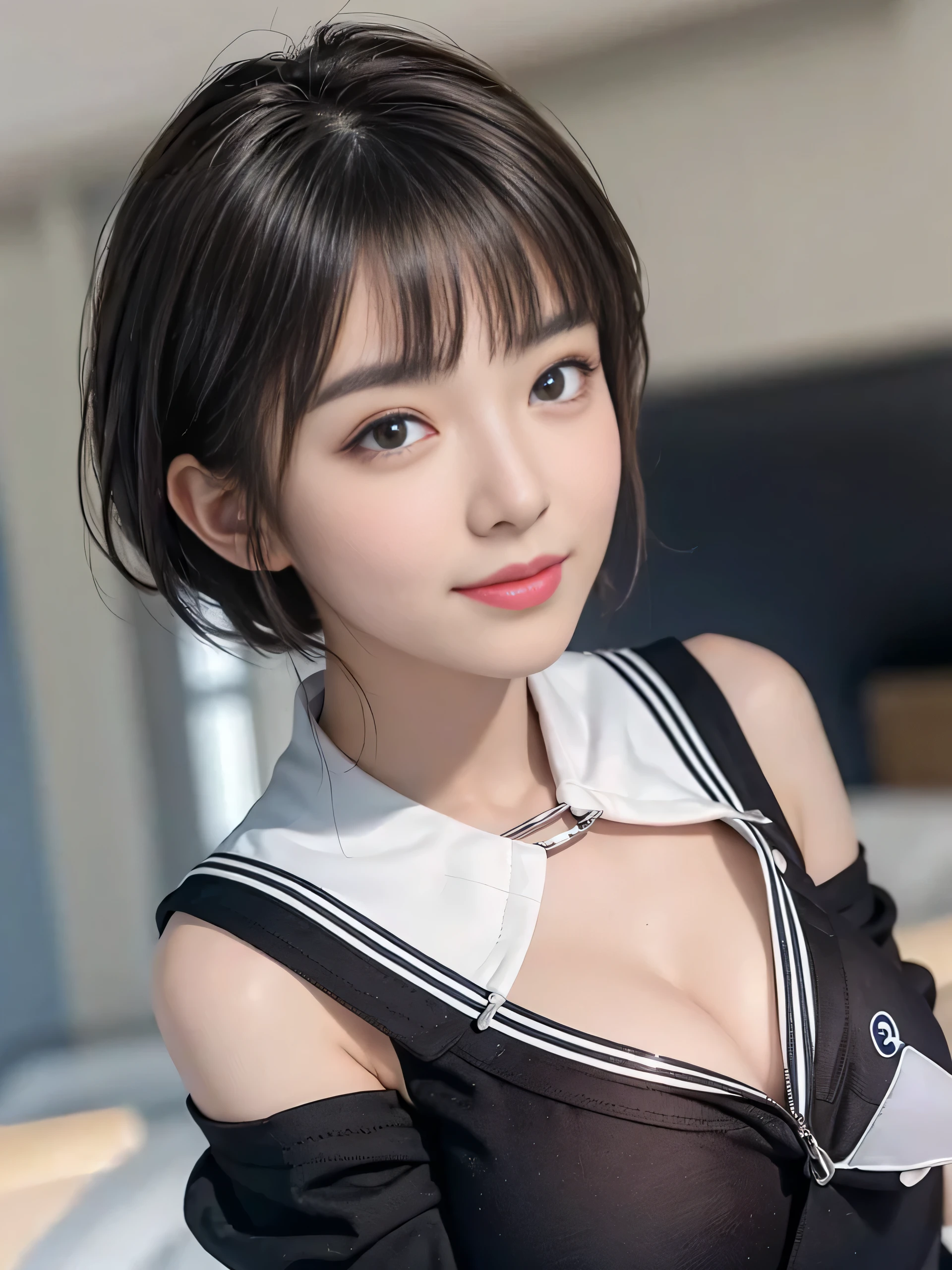 (An 18-year-old black gal perfect for friendship)(Bright colors:1.3)、RAW Photos、Genuine:1.6、quality:1.5、8K、masterpiece:1.3、Ultra-high resolution:1.0、Sharp focus:1.2、、(Big Breasts:1.5)、Beautiful woman with perfect style、Highly detailed face and skin texture、Beautiful Eyes、double eyelid、(Black gal makeup:1.2)、Perfect facial balance、(smile:1.1)、((Silver short hair:1.2)、Beautiful studio soft light、Rim Light、Sharp details、Surreal、Octane Rendering、Fine and beautiful skin、Genuine skin、(Looking at the audience)、(((Sexy Sailor Suit)))、