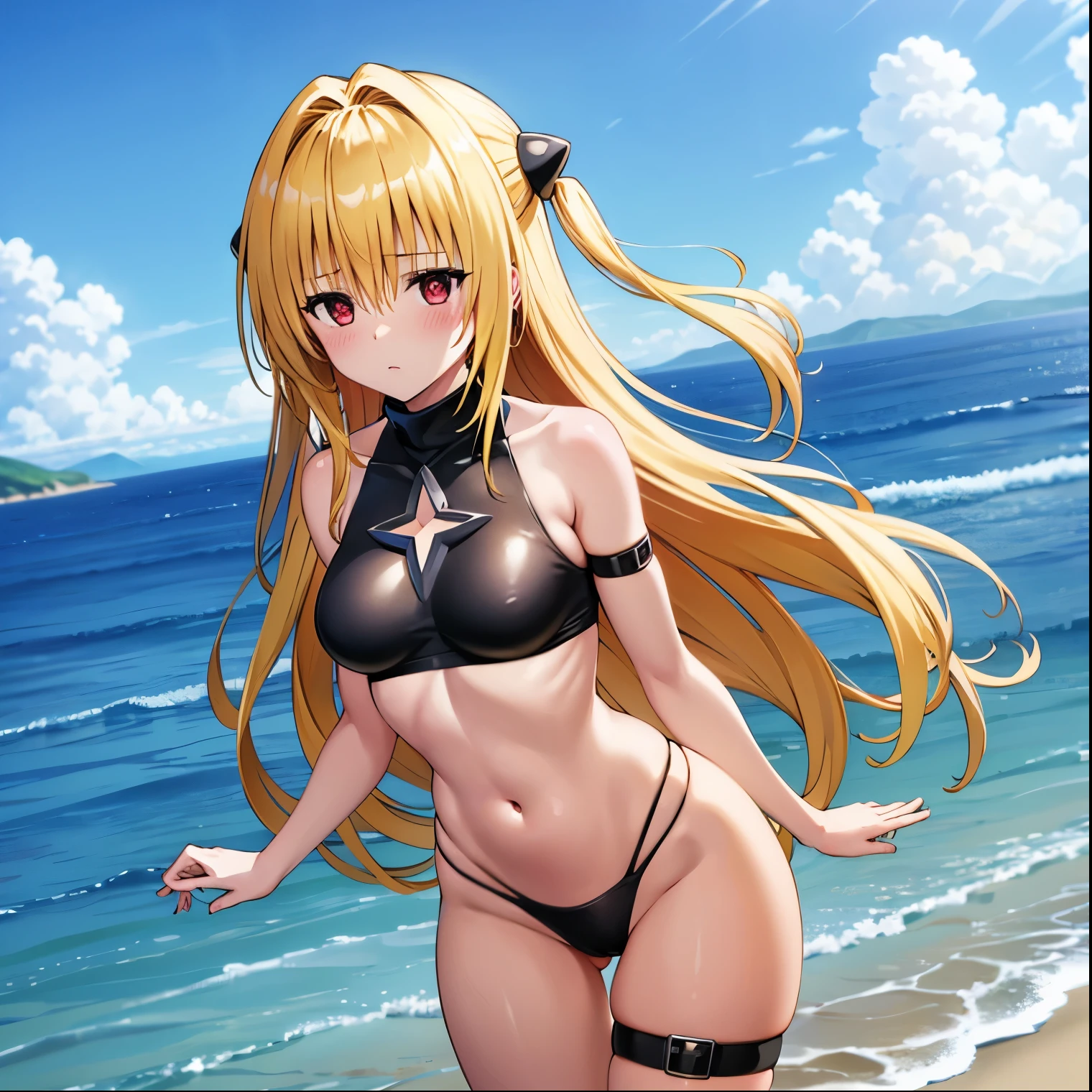 (1girl),(alone), konjiki no yami, (alone), long hair, taiyaki, blonde hair, hairpins, red eyes, very long hair, hair shots, looking at viewer, (black bikini: 1,2), (halter neck: 1.2), (thigh strap: 1.2), (groin, navel: 1.0), buttock crease, ass_visible_through_thighs, thigh gap, medium breasts, narrow waist, wide hips, wide thighs, round butt, leaning forward, hair between eyes, blush, hair ornament, two sides up, bangs, cowboy shot, dynamic stance, ultra detailed, detailed eyes, sharp focus, masterpiece, stoic expression, blushing, bare shoulders, standing, outside, day, clouds, beach, leaning on a rock:1.5, sea view:1.5, sunny:1.5, clouds:1.5), perfect hands, perfect anatomy, floating hair, to love-ru, looking forward,((focus on breasts)),pov(from above),perfect anatomy,perfect hands