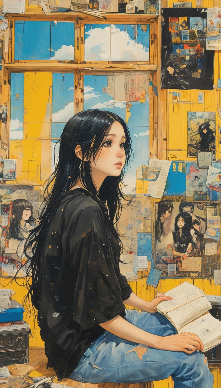 A detailed anime-style illustration of an emo angel girl with long black hair, sitting in a cluttered room. She is wearing a black t-shirt and shorts, with a listless expression. The background features various notes, tools, and a bright yellow wall with a blue sky visible through a window, creating a vibrant and eclectic atmosphere.