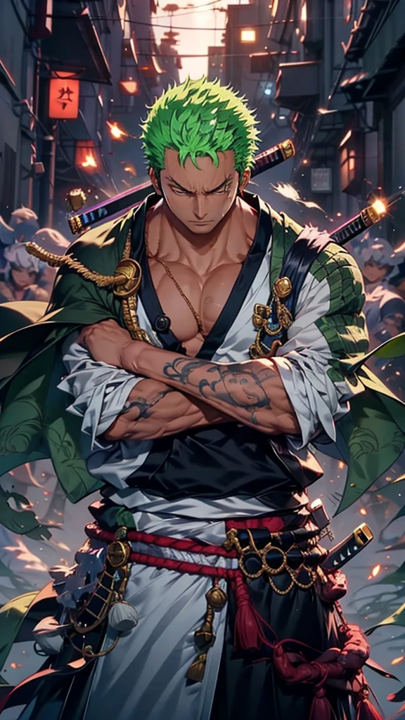 Zoro, standing alone, Looking at Viewer, sorrido, short hair, Eyes red, , holding, jewelries, upperbody, missiles, male focus, aretes, Japanese clothing, green haired, antlers, elsword, kimono, segurando missiles, from sideways, tatoo, Ablaze, cicatriz, segurando elsword, katana, scar on the face, scar on eye, Detailed muscle physique, photorealistic representation, 4k resolution. Background Story: Martial arts dojo,UHD 32k, best qualityer, master part, super detaill, High details, ((strong man)).