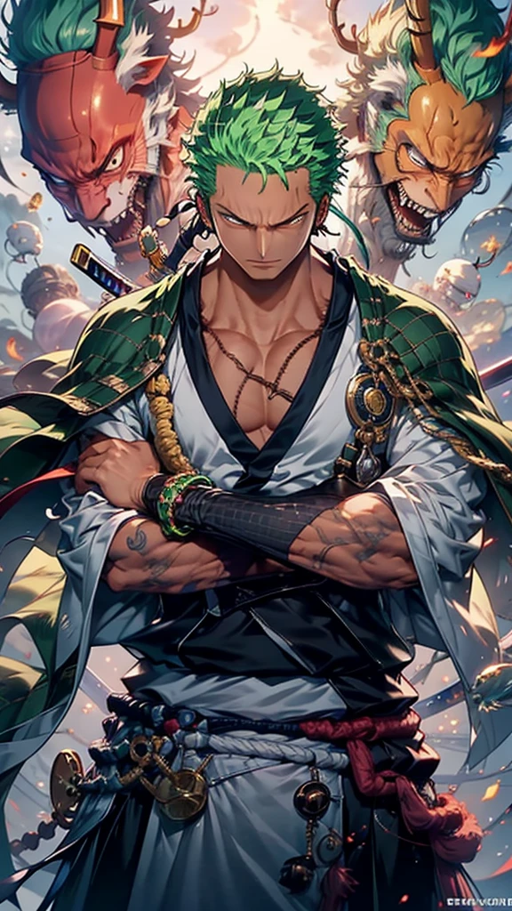 Zoro, standing alone, Looking at Viewer, sorrido, short hair, Eyes red, , holding, jewelries, upperbody, missiles, male focus, aretes, Japanese clothing, green haired, antlers, elsword, kimono, segurando missiles, from sideways, tatoo, Ablaze, cicatriz, segurando elsword, katana, scar on the face, scar on eye, Detailed muscle physique, photorealistic representation, 4k resolution. Background Story: Martial arts dojo,UHD 32k, best qualityer, master part, super detaill, High details, ((strong man)).