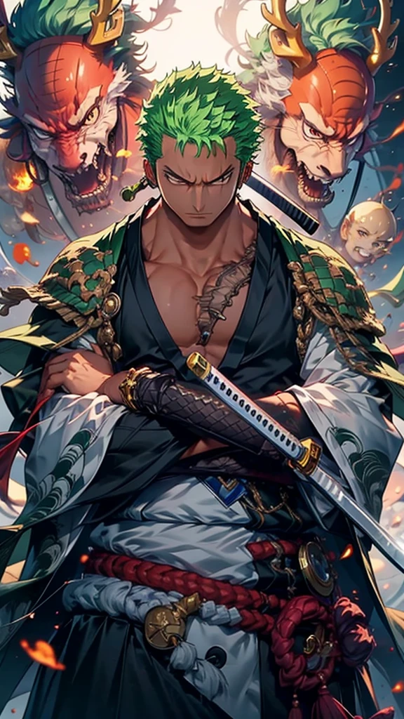 Zoro, standing alone, Looking at Viewer, sorrido, short hair, Eyes red, 1st grade, holding, jewelries, upperbody, missiles, male focus, aretes, Japanese clothing, green haired, antlers, elsword, kimono, segurando missiles, from sideways, tatoo, Ablaze, cicatriz, segurando elsword, katana, scar on the face, scar on eye, Detailed muscle physique, photorealistic representation, 4k resolution. Background Story: Martial arts dojo,UHD 32k, best qualityer, master part, super detaill, High details, ((strong man)).