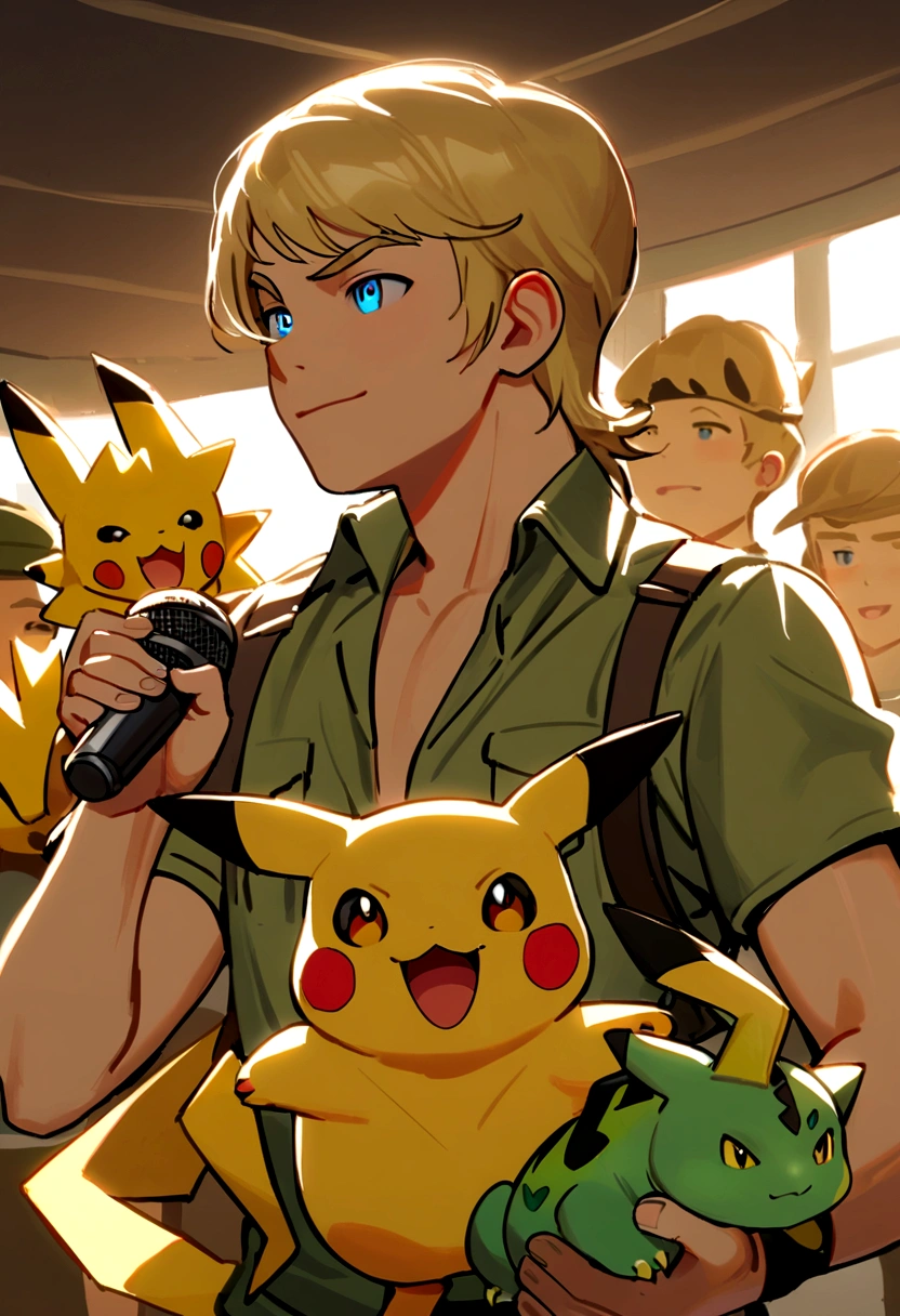 Steve irwin, 1 boy, male focus, blonde hair, holding, holding a microphone speaking to a crowd, Pikachu, Vaporeon, Jolteon and Bulbasaur are on his shoulders, in a Pokemon Gym, specular highlights, detailed face, detailed eyes,