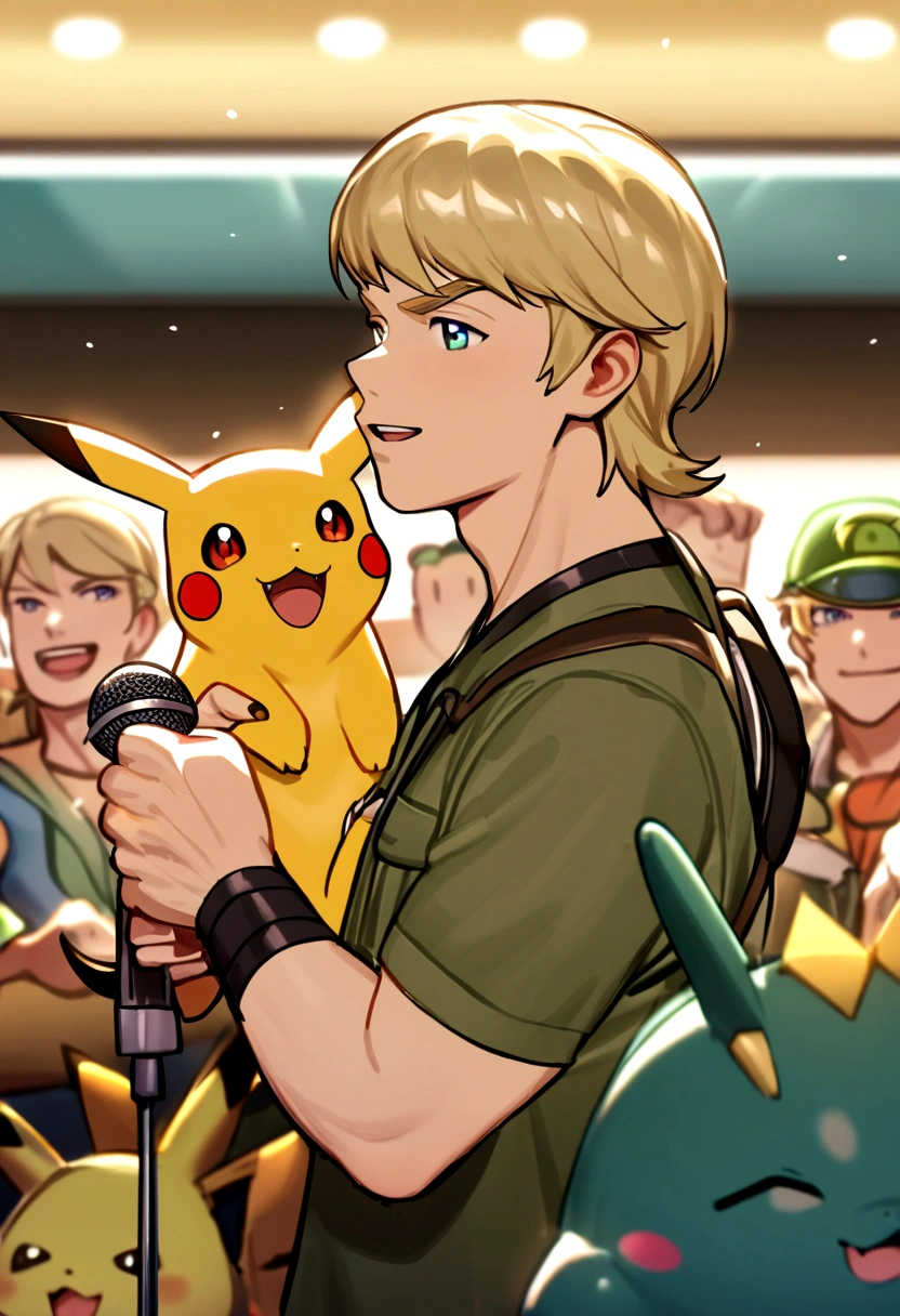 Steve irwin, 1 boy, male focus, blonde hair, holding,  holding a microphone speaking to a crowd, Pikachu, Vaporeon, Jolteon and Bulbasaur are on his shoulders, in a Pokemon Gym, specular highlights, detailed face, detailed eyes,