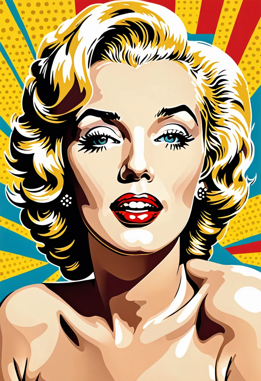naked Marilyn Monroe looks at the camera, vector art inspired by Lichtenstein, pixabay, pop art, pop art cartoon style, cartoon image, pop art style, retro comic art style, she has a distant expression, pop - art style, cartoon illustration, cartoon style illustration
