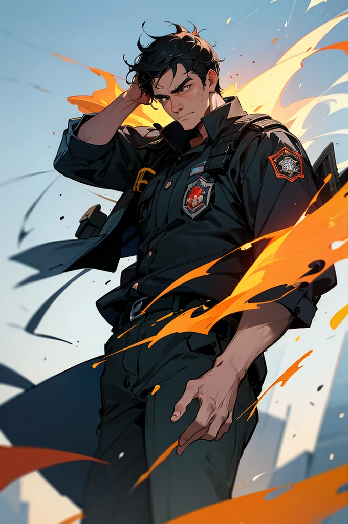 Firefighter, cool guy who protects everyone, black hair, old man