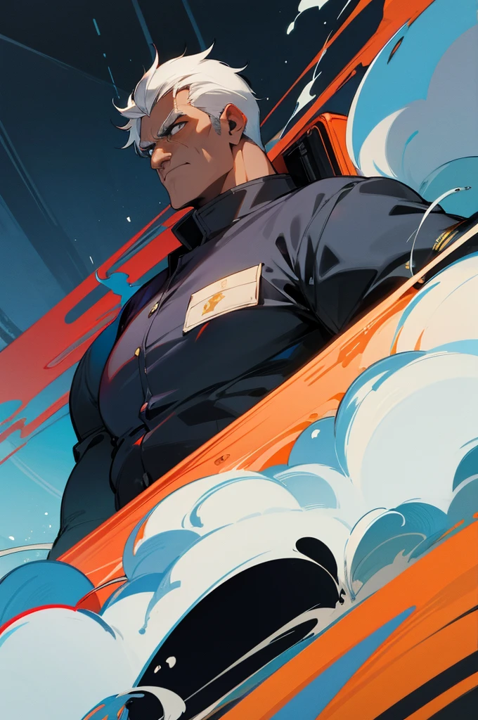 Firefighter, cool guy who protects everyone, black hair, old man