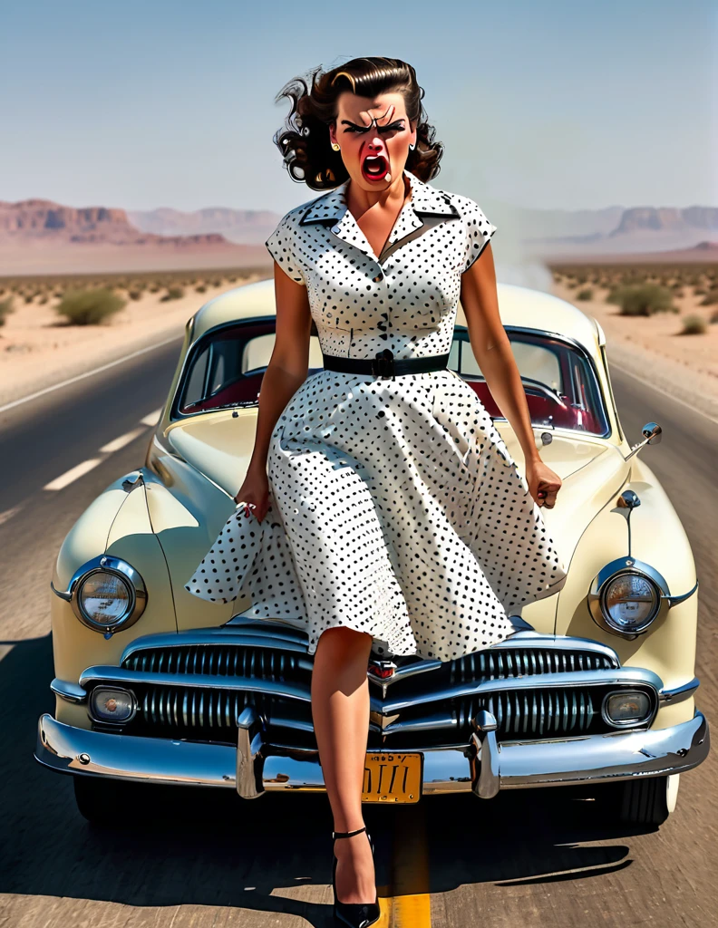 1950s style, angry woman in a polka dot dress, leaving her broke down and steam comes out of her Hudson Hornet classic car, walking towards camera, fists clenched, empty highway in the desert, perfect face, ultra sharp focus, high quality, ultra high resolution, cinematic, masterpiece, Annie Leibovitz Photography Style