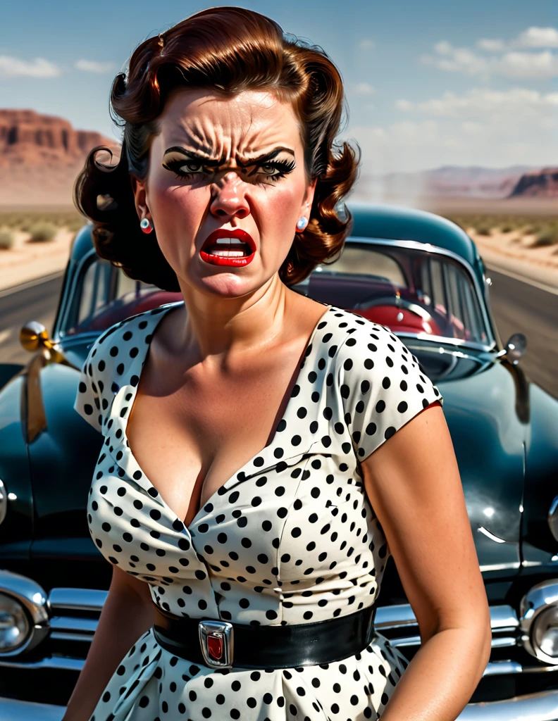 1950s style, angry woman in a polka dot dress, leaving her broke down and steam comes out of her Hudson Hornet classic car, walking towards camera, fists clenched, empty highway in the desert, perfect face, ultra sharp focus, high quality, ultra high resolution, cinematic, masterpiece, Annie Leibovitz Photography Style