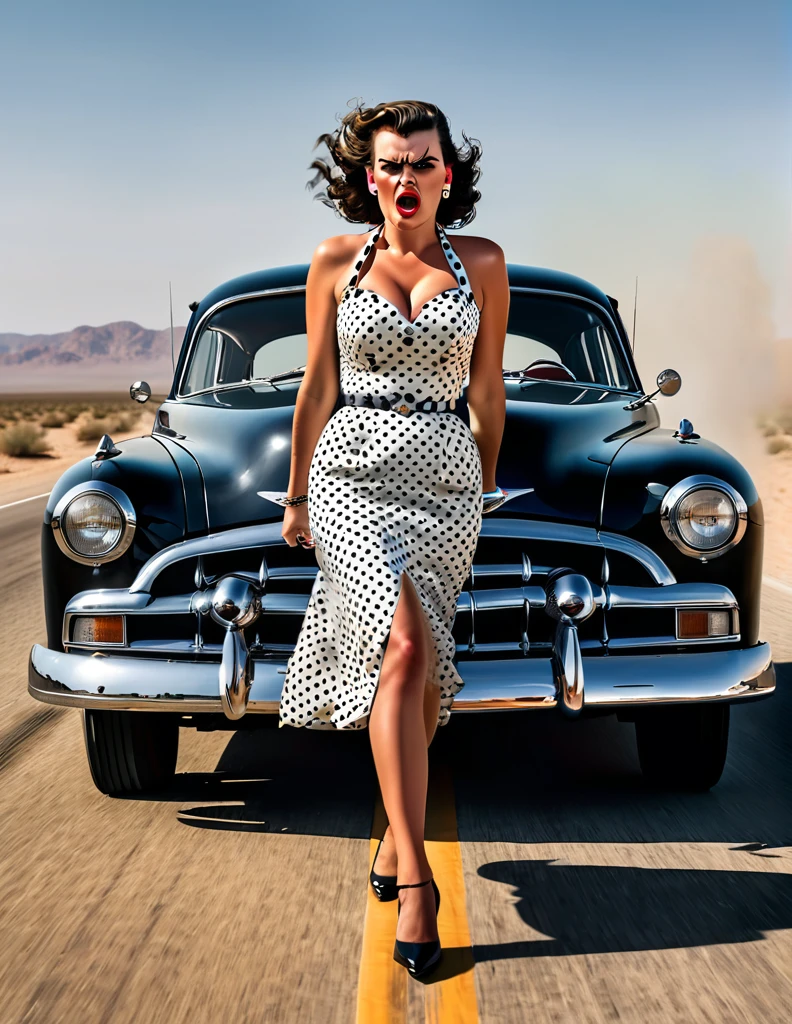 1950s style, angry woman in a polka dot dress, leaving her broke down and steam comes out of her Hudson Hornet classic car, walking towards camera, fists clenched, empty highway in the desert, perfect face, ultra sharp focus, high quality, ultra high resolution, cinematic, masterpiece, Annie Leibovitz Photography Style