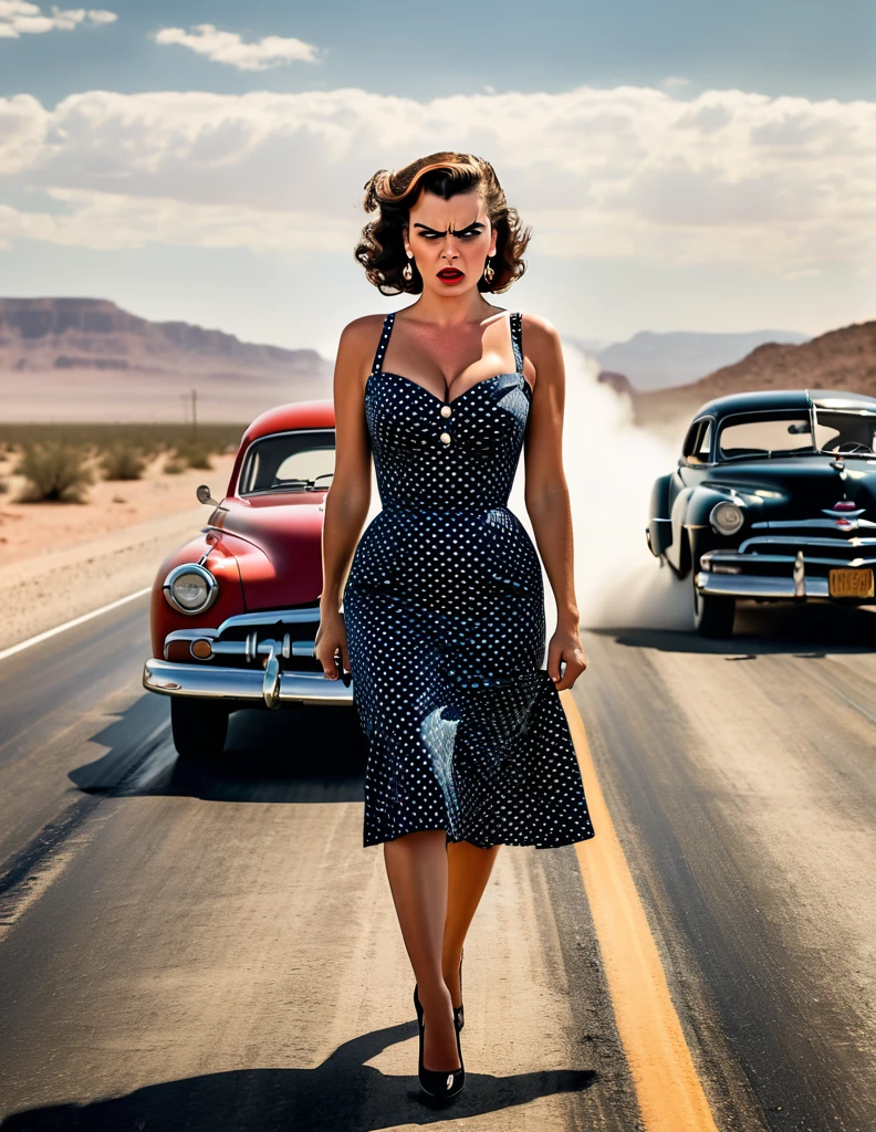 1950s style, angry woman in a polka dot dress, leaving her broke down and steam comes out of her Hudson Hornet classic car, walking towards camera, fists clenched, empty highway in the desert, perfect face, ultra sharp focus, high quality, ultra high resolution, cinematic, masterpiece, Annie Leibovitz Photography Style