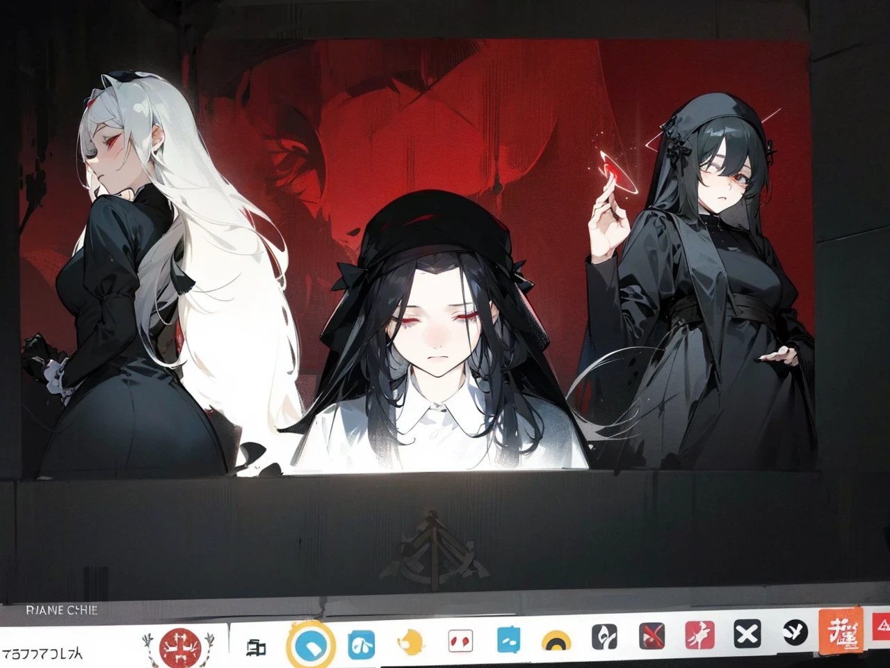 Make an anime poster, has 4 women in it, on the left side a classy dressed beauty with only the colors red and white, has an angelic presence but a demonic personality, she wears a hat on her head and a long mature gown. On the middle, a millitary general with black and white hair, and a blindfold covering her eyes. Behind her in the back, a woman faded in the background, only her eyes red Phoenix can be seen. Finally at the very right side a nun with a blindfold and a church nun fantasy black dress, holding her hands together symbolizing a prayer gesture.