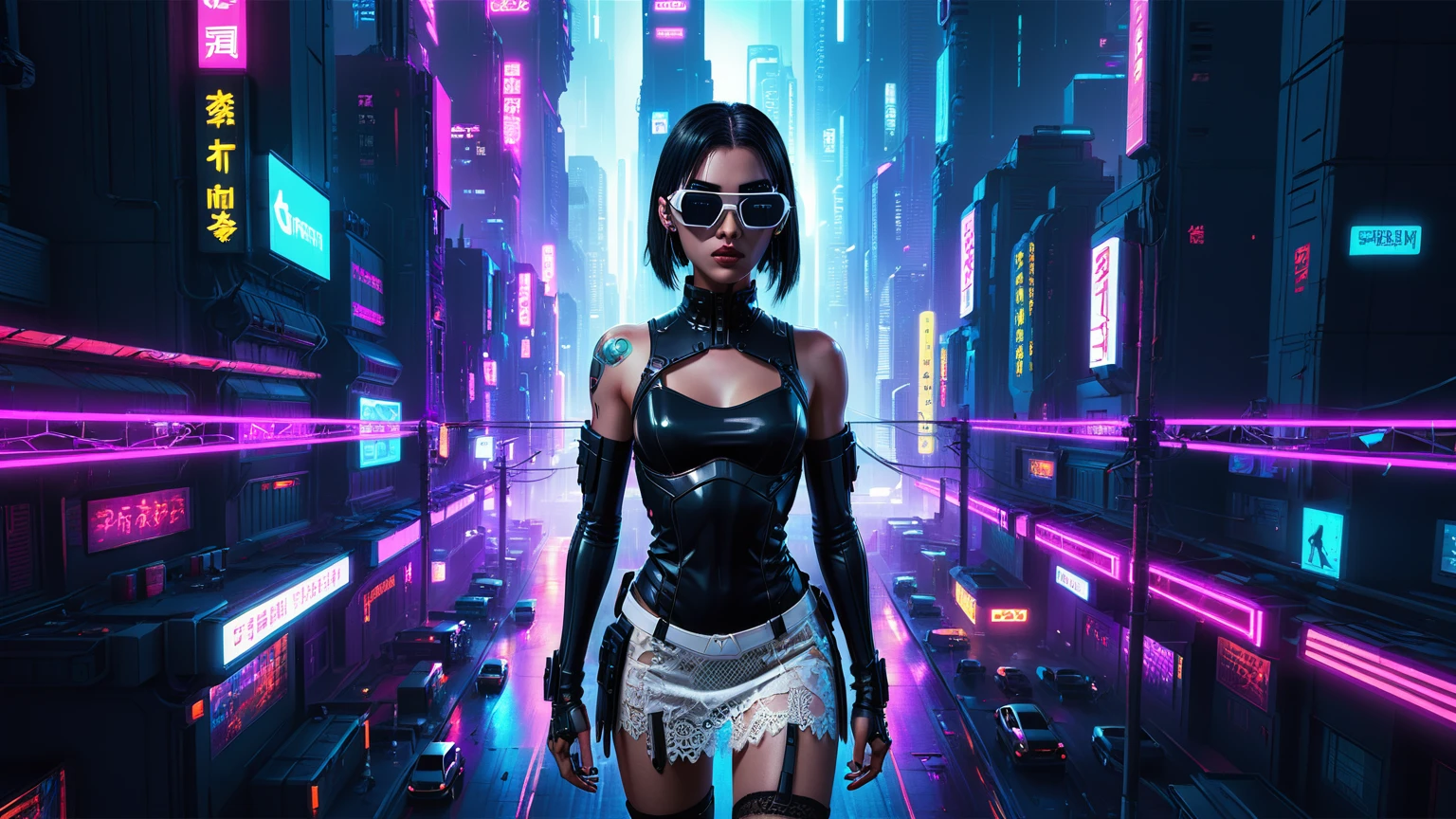 (((1woman, solo))), rainbow light, 3d neon art of a woman's body, cyberpunk femme fatale, seductive cyberpunk dark fantasy, cyberpunk 20 y. o large-breast:1.2 model girl, (((with black miniskirt and white lace panty, with matrix style black micro sunglasses))), oppai cyberpunk, banner, high definition cgsociety, cgsociety masterpiece, trending on cgstation, kda, (((((aerial view))))) image of neon-noir cyberpunk city in the background.