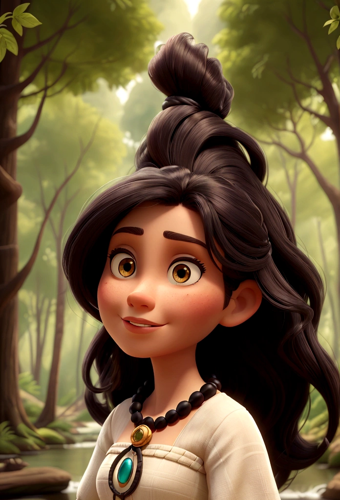 Create a close-up portrait in 4K resolution of Pocahontas from Disney's Pocahontas. The portrait should capture her iconic features: her long, flowing black hair, her deep, expressive dark eyes, and her strong, serene expression. Pocahontas should be wearing her traditional one-shoulder fringed dress, with a simple necklace. The background can include elements of nature, such as a forest or river, with soft, natural lighting that highlights her connection to the earth and her surroundings. The image should convey her strength, wisdom, and harmony with nature.