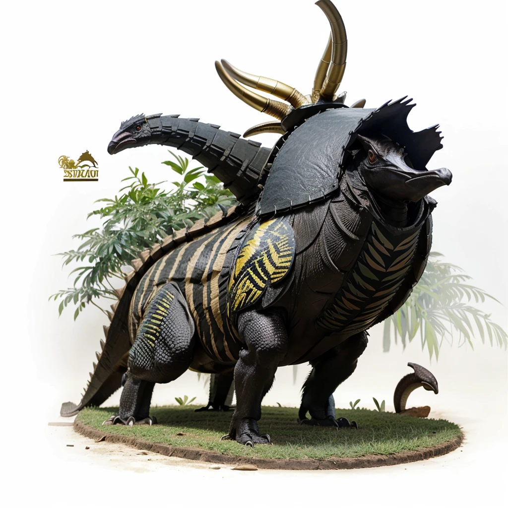 Big Animaly, has grees stripes on his skin, golden eyes, cassowary mixed with stegosaurus, Grassroots, no background