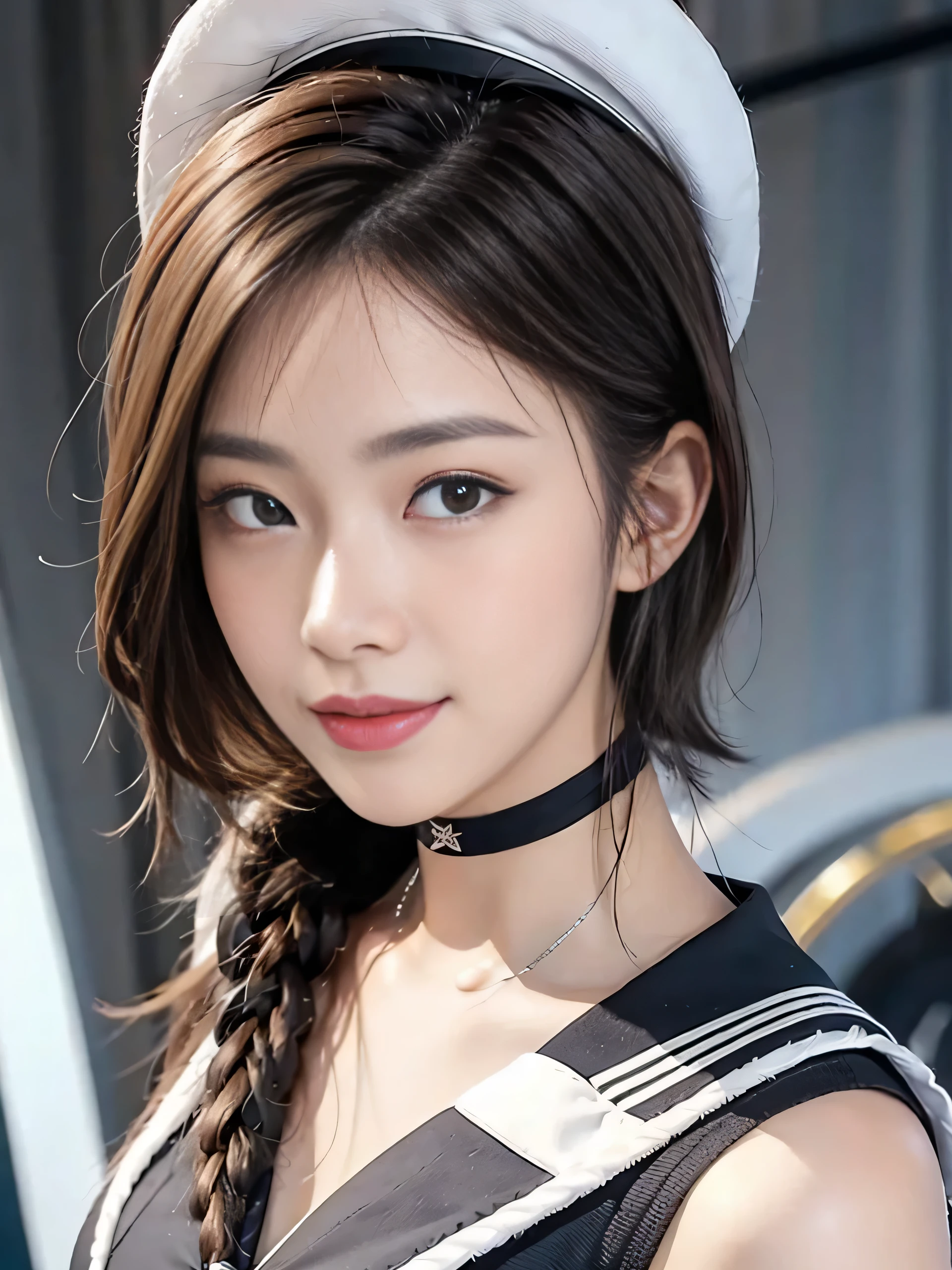 (An 18-year-old black gal perfect for friendship)(Bright colors:1.3)、RAW Photos、Genuine:1.6、quality:1.5、8K、masterpiece:1.3、Ultra-high resolution:1.0、Sharp focus:1.2、、(Big Breasts:1.5)、Beautiful woman with perfect style、Highly detailed face and skin texture、Beautiful Eyes、double eyelid、(Black gal makeup:1.2)、Perfect facial balance、(smile:1.1)、((Silver short hair:1.2)、Beautiful studio soft light、Rim Light、Sharp details、Surreal、Octane Rendering、Fine and beautiful skin、Genuine skin、(Looking at the audience)、(((Sexy Sailor Suit)))、