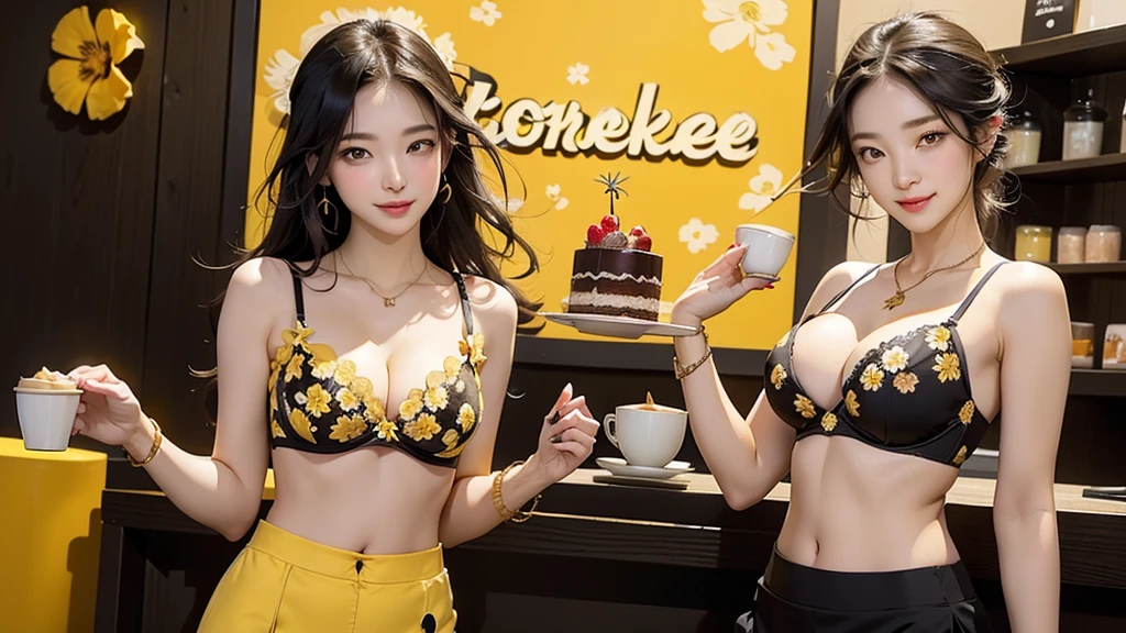 Inside the Starbucks store、24-year-old office lady in a miniskirt suit、((Eat cake、Drink coffee))、smile、Heart Necklace、Gold bracelet
((Emphasize cleavage))
(((A yellow and black floral bra is visible.)))
((((Dark eye makeup))))
