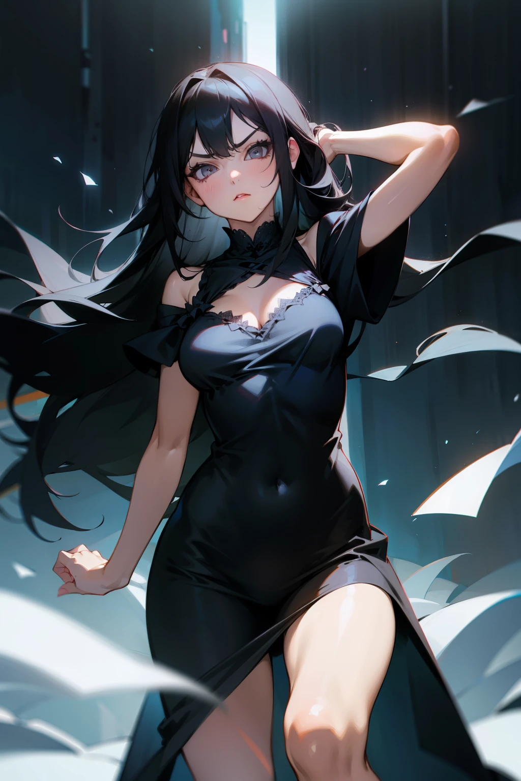 redraw, 1girl, long black hair, medium breasts, grey eyes, thighs, serious, nightgown,masterpiece, ultra-detailed