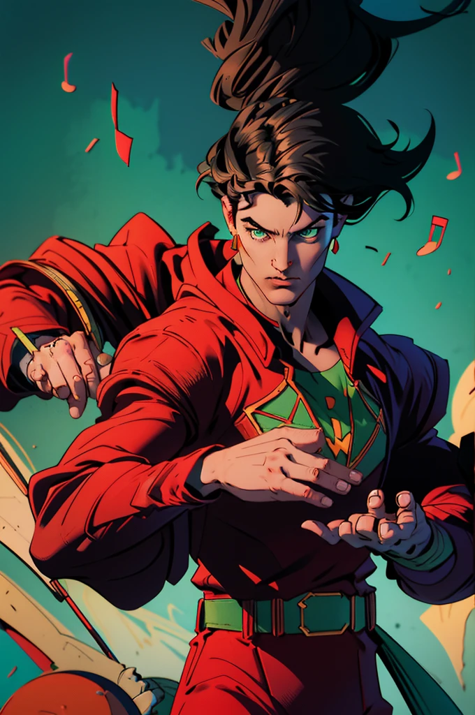 Human male Bard with dark hair very short on the side and green eyes. Wears earrings. A violin in his hand. surrounded by magical. dancing illusions. Wears red clothes and a cape. D&d. Character. Magic. Music. 