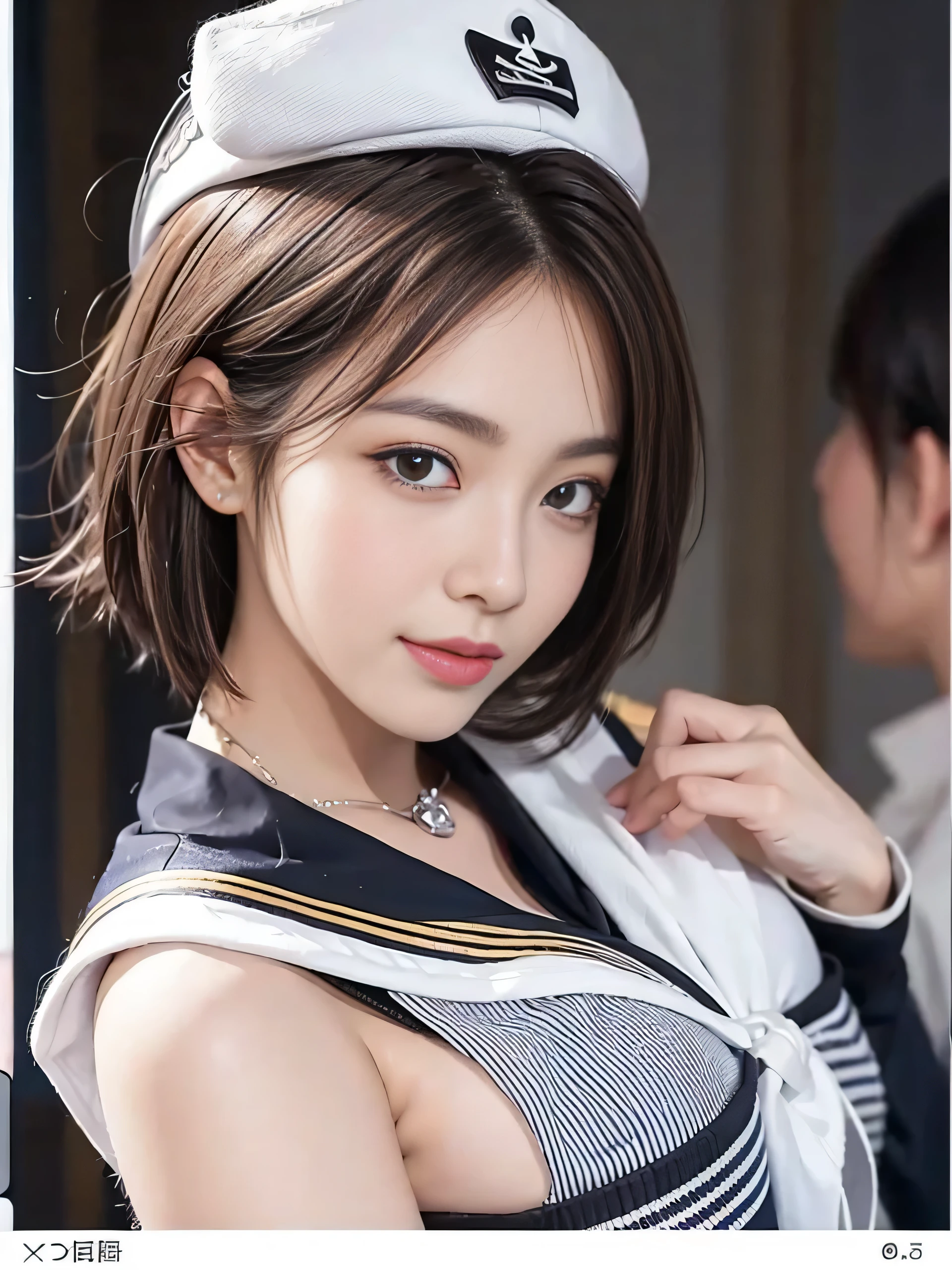 (An 18-year-old black gal perfect for friendship)(Bright colors:1.3)、RAW Photos、Genuine:1.6、quality:1.5、8K、masterpiece:1.3、Ultra-high resolution:1.0、Sharp focus:1.2、、(Big Breasts:1.5)、Beautiful woman with perfect style、Highly detailed face and skin texture、Beautiful Eyes、double eyelid、(Black gal makeup:1.2)、Perfect facial balance、(smile:1.1)、((Silver short hair:1.2)、Beautiful studio soft light、Rim Light、Sharp details、Surreal、Octane Rendering、Fine and beautiful skin、Genuine skin、(Looking at the audience)、(((Sexy Sailor Suit)))、