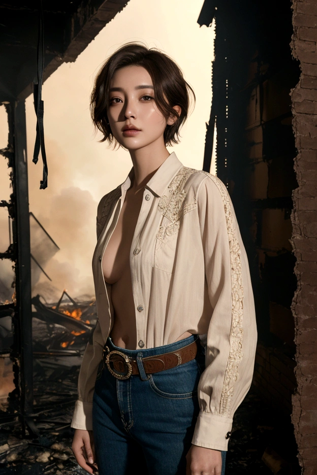 8K, masterpiece, A beautiful woman with short hair standing inside a burning building, Lookbook, (cowboy shot),