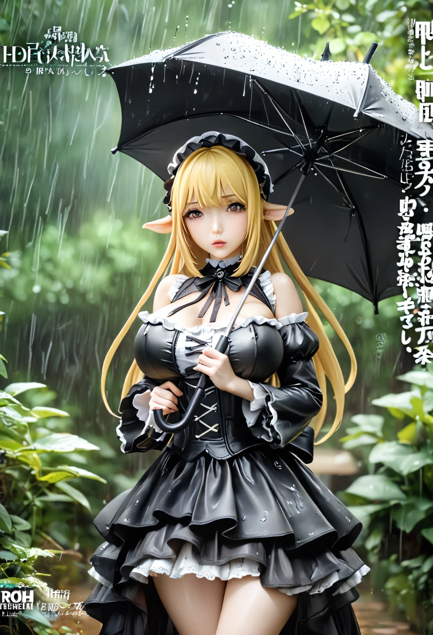 Magazine cover(masterpiece, best quality:1.2), 1 girl holding an umbrella, solitary，blond（（gothic_****ta））outdoor，rain（HD）（（best quality））， （（Surrealism））