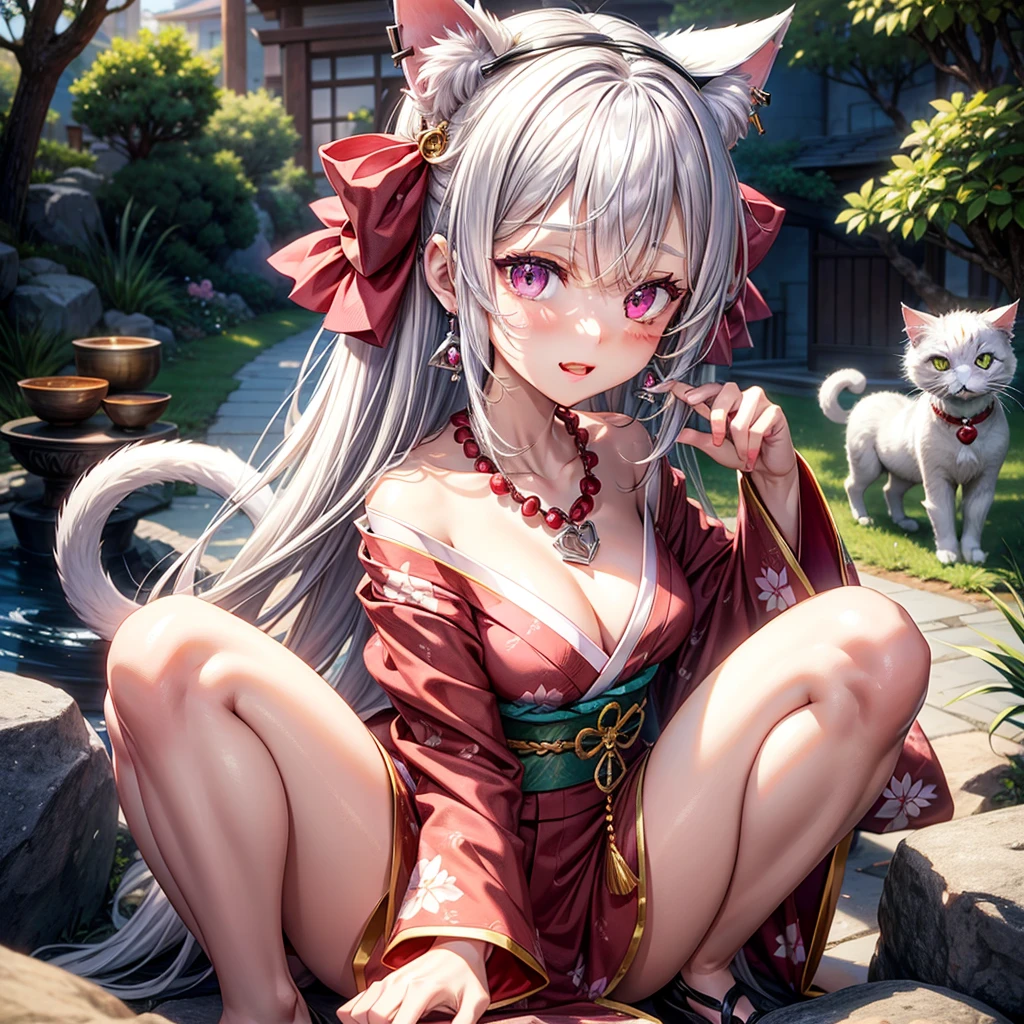 Silver hair, pink eyes, body, cat ears, sexy girl, earrings, nature background, hair bows, mitsuri, red kimono, bells necklace, pet cats, animals, happy face