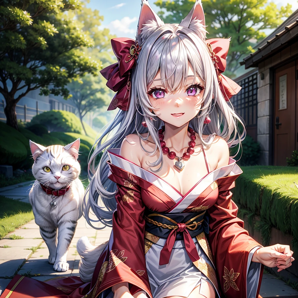 Silver hair, pink eyes, body, cat ears, sexy girl, earrings, nature background, hair bows, mitsuri, red kimono, bells necklace, pet cats, animals, happy face