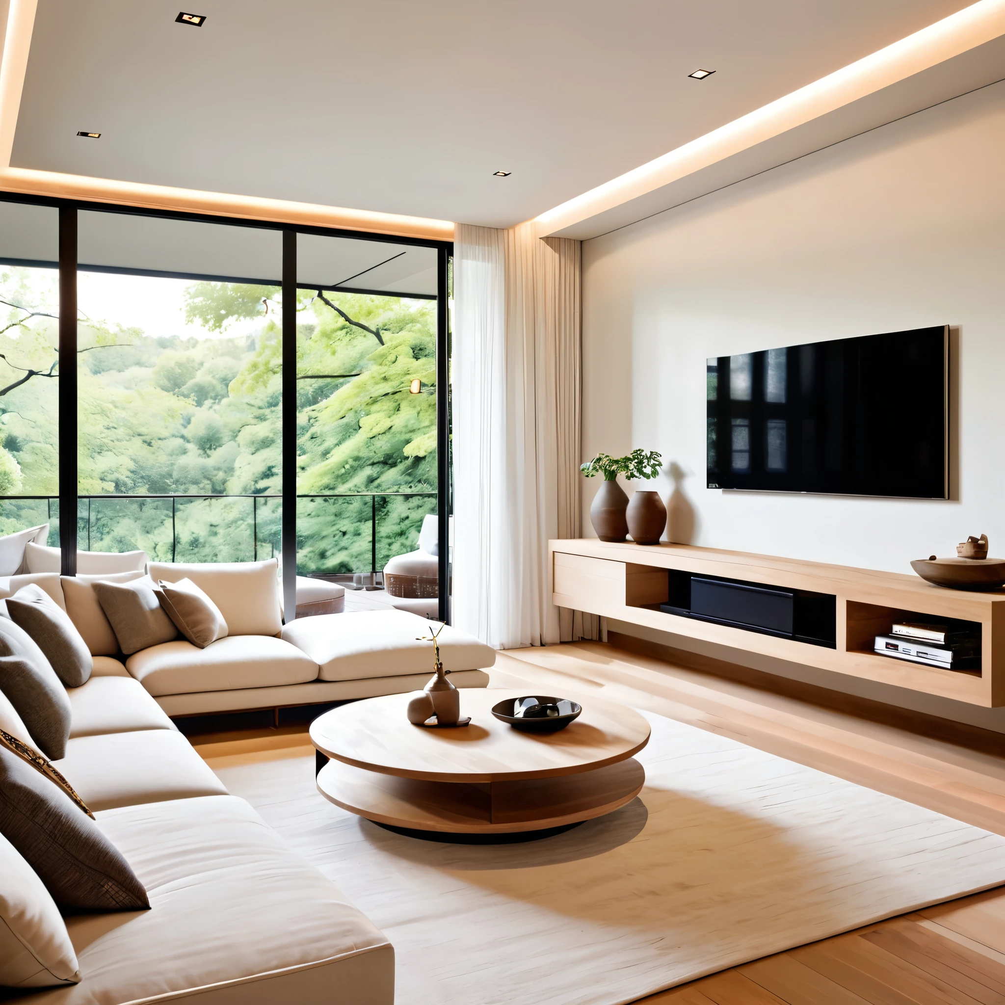 Design a sleek and modern living room with a minimalist approach. The space features a large white sectional sofa set on a light wood floor, accompanied by a neutral-toned rug. The walls are painted in a soft, light color to enhance the room's brightness. A large flat-screen TV is mounted on the wall facing the sofa, with a minimalist media console underneath. Add integrated lighting along the ceiling and wall edges to create a warm and inviting atmosphere. Include a small, round wooden side table next to the sofa to add a natural element to the contemporary design.
