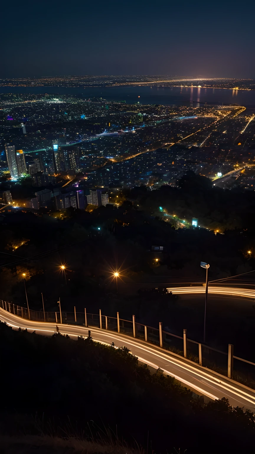 Looking down from the top of a hill in the suburbs，Below is the brightly lit city，night，moon。