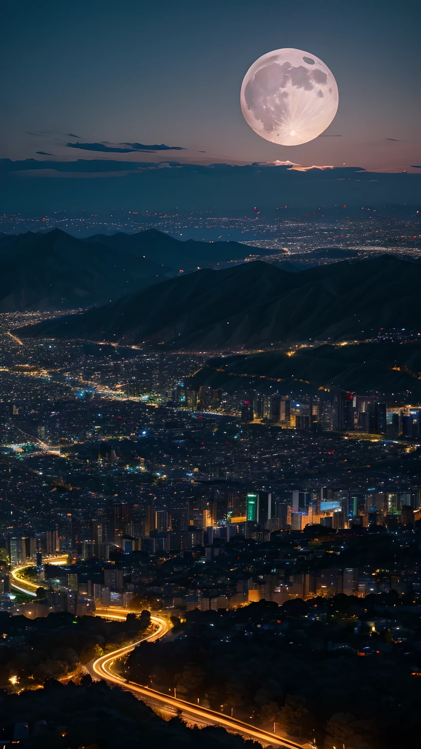 Looking down from the top of a hill in the suburbs，Below is the brightly lit city，night，moon。