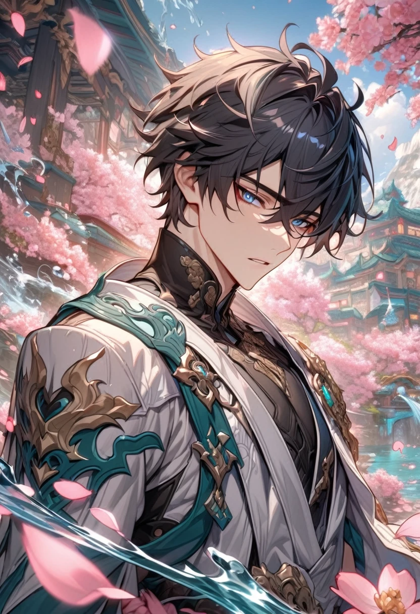 absurdres, highres, ultra detailed, HDR, master piece, best quality, Dan Heng, black hair, expressive blue eyes, Honkai Star Rail, solo, sexy man, handsome, black clothes, white coat, water, magic, blossoms, pink flowers, pink petals, fantasy, radiant
