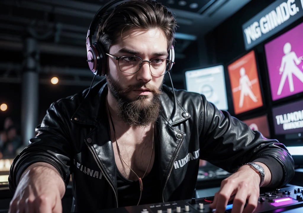 naughty man, with beard, 28 year old DJ, using big headphones, big glasses, putting sound at a rave party, ultrarealistic