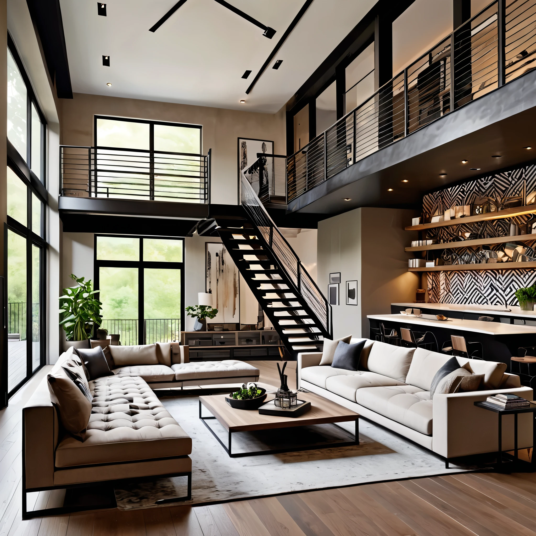 Create a modern and spacious living room with an industrial chic aesthetic. The room should include a large, comfortable sectional sofa in neutral colors, accompanied by contemporary coffee tables and a sleek lounge chair. A floating staircase leads to a mezzanine level, adding architectural interest. The walls and ceiling feature geometric patterns with built-in lighting to create a warm ambiance. Ensure the design is minimalistic yet stylish, incorporating a few well-placed decorative items and plants to complete the look.