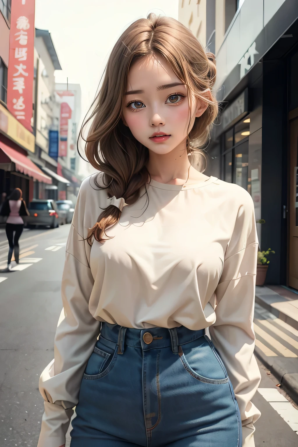 Emily is 23 years old with light brown hair。, Usually tied in a bun or ponytail. His eyes are green and expressive, His kind and warm personality is apparent.... Her height is average, About 1.65 m, Thanks to exercise habits、slim, distinct body shape. Emily likes simple clothes., Comfortable clothes., Wear practical clothes, Long sleeve blouse、Neutral Color. She is normal&#39;No makeup, Prefer a natural look. Highest quality, Realistic photos, 32k. Portraiture, Watching the audience. 