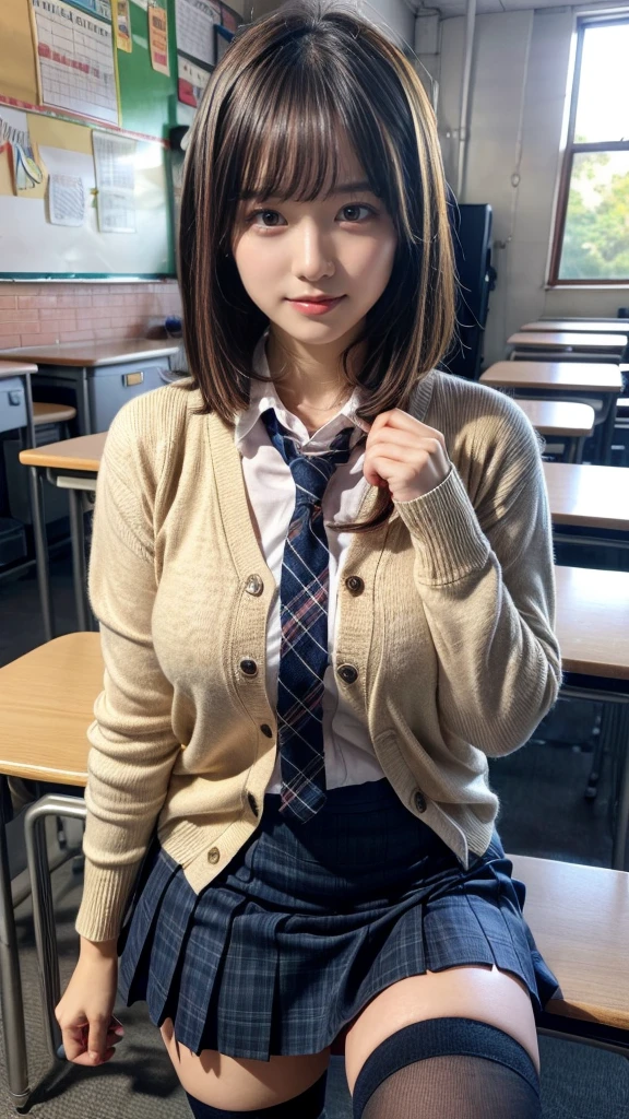 masterpiece, best quality, illustration, Super detailed, fine details, High resolution, 8K,wall paper, perfect dynamic composition,(Details High quality, realistic depiction of eyes:1.3), High School Classroom、High school girl uniform、Cardigan、Super Short Check Uniform Skirt、Navy blue high socks、garterbelts、Colossal tits、Disturbed uniform、short bob hair, black hair color, Big Natural Color Lip, bold sexy pose, (perfect body shape), crying a little、Harajuku style、20 year old girl、cute type, beautiful legs, hposing Gravure Idol, Voluptuous thighs