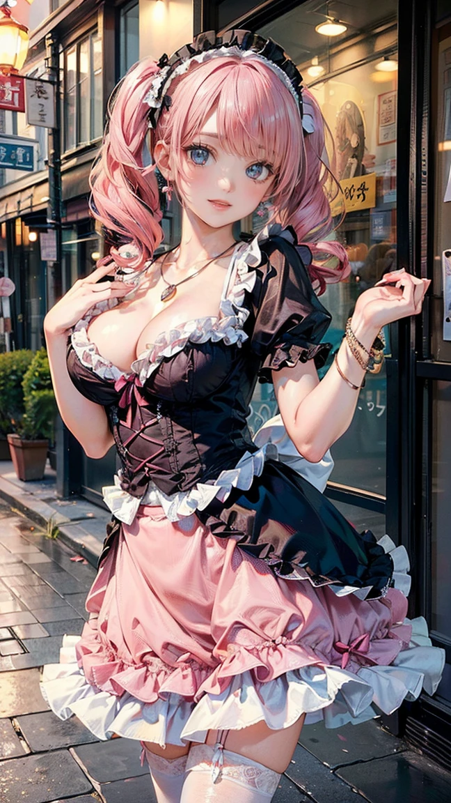 (Masterpiece, BestQuality:1.3), (ultra detailed:1.2), (hyperrealistic:1.3), (RAW photo:1.2), High detail RAW color photo, professional photograph, (Photorealistic:1.4), (realistic:1.4), professional lighting, perfect anatomy, (Big Breasts:1.1), (blush, detailed face), (cheerful Smile:1.5), Trending Hair&Trending Hairカラーをランダムに, earrings, necklace, bracelet, sexly, erotic sexly, Random sexy gravure poses, (A pink-haired beauty in ta fashion is at a cafe on a city street。hair is twin tail、spread your skirt。:1.3)